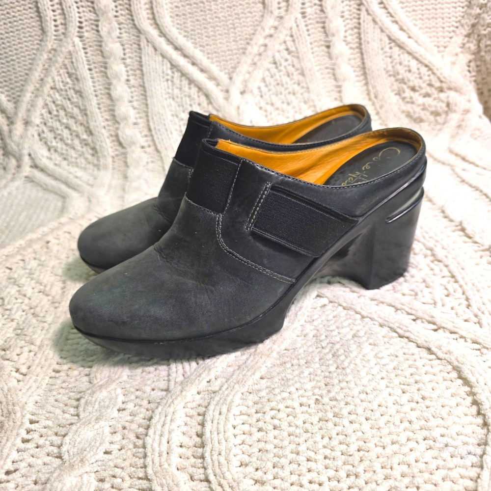 Cole Haan Mules Clogs Black Gray Leather NikeAir Wedge Heel Womens 7B Excellent